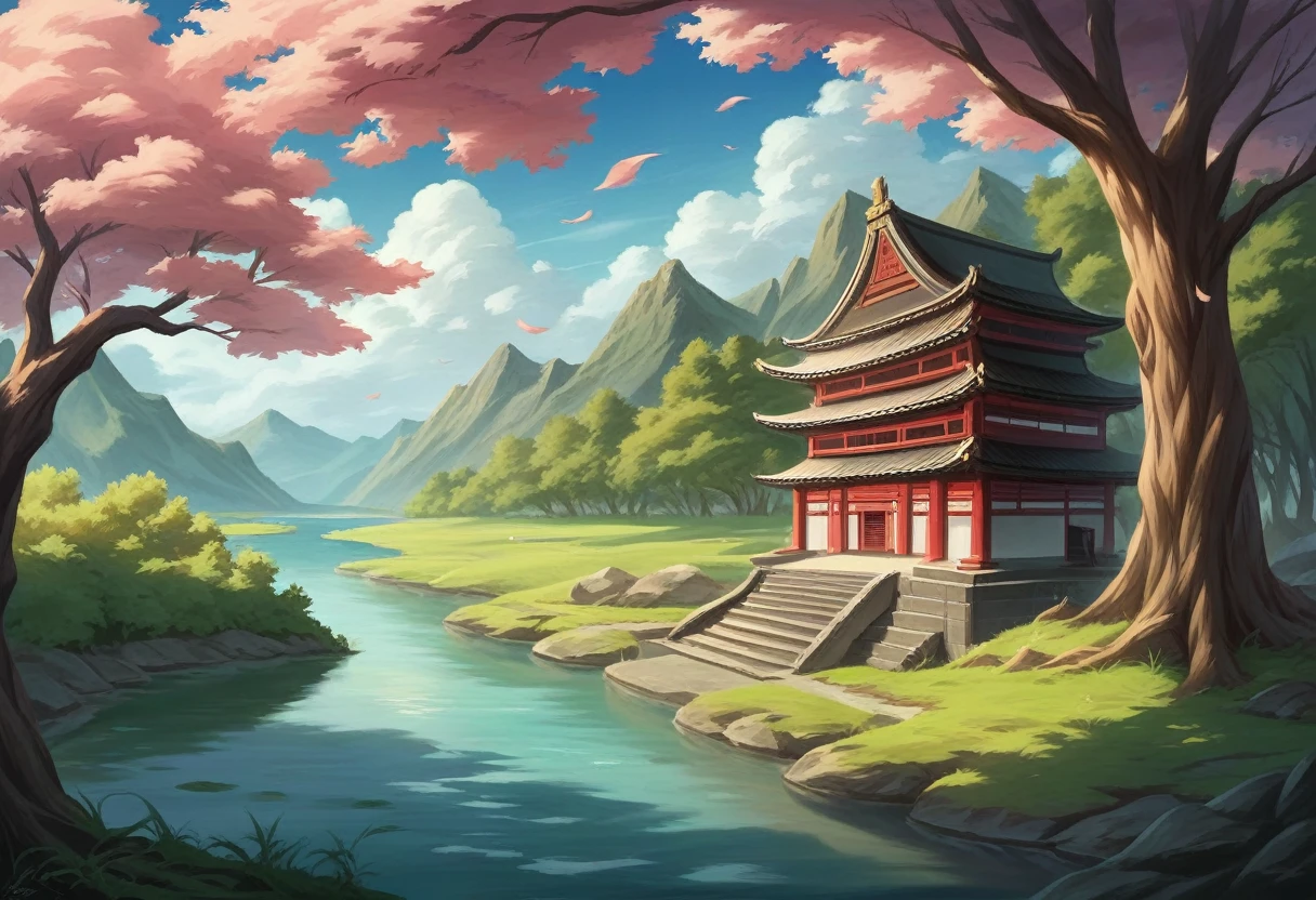 There is a painting depicting a house in the middle of a lake., Japanese art style, Highly detailed digital art in 4K, Beautiful Art UHD 4K, Background artwork, 4K Highly Detailed Art, 4K Detailed Digital Art, Anime Background Art, 8K high quality, detailed art, Zen temple background, Detailed painting 4k, Landscape painting