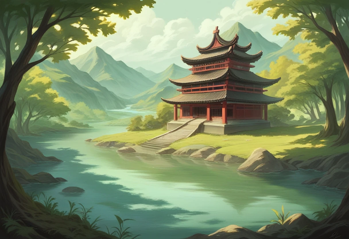 There is a painting depicting a house in the middle of a lake., Japanese art style, Highly detailed digital art in 4K, Beautiful Art UHD 4K, Background artwork, 4K Highly Detailed Art, 4K Detailed Digital Art, Anime Background Art, 8K high quality, detailed art, Zen temple background, Detailed painting 4k, Landscape painting