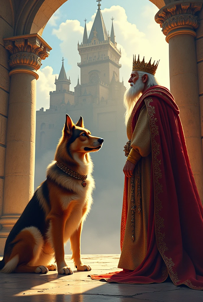 A dog with a king in front of a castle (in ancient times) in drawing