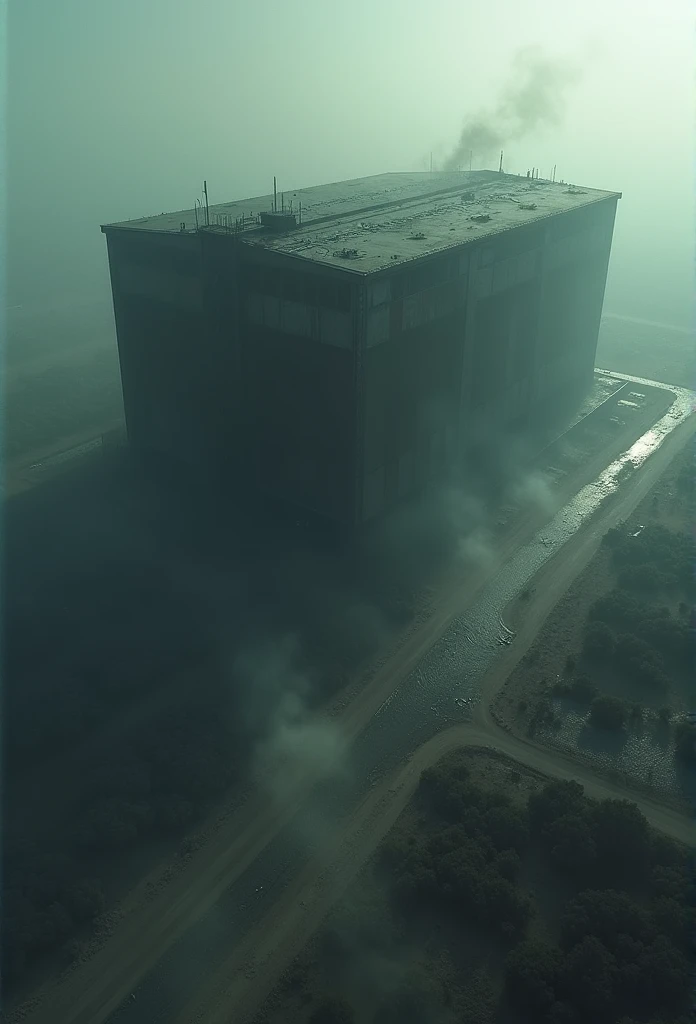 Aerial view of a giant warehouse, nightmare