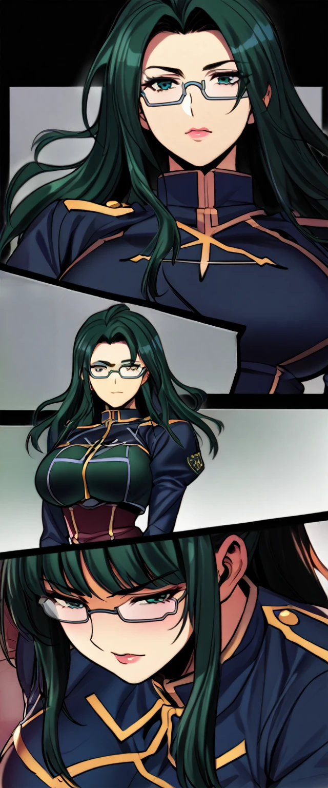 High detailed, kimtag, 1 woman, blue-green hair, soft-glasses, well-marked scar in face, busty, Genetics's uniform, Juliet sleeves, Ribbon in the collarbone, strong body, half-skirt