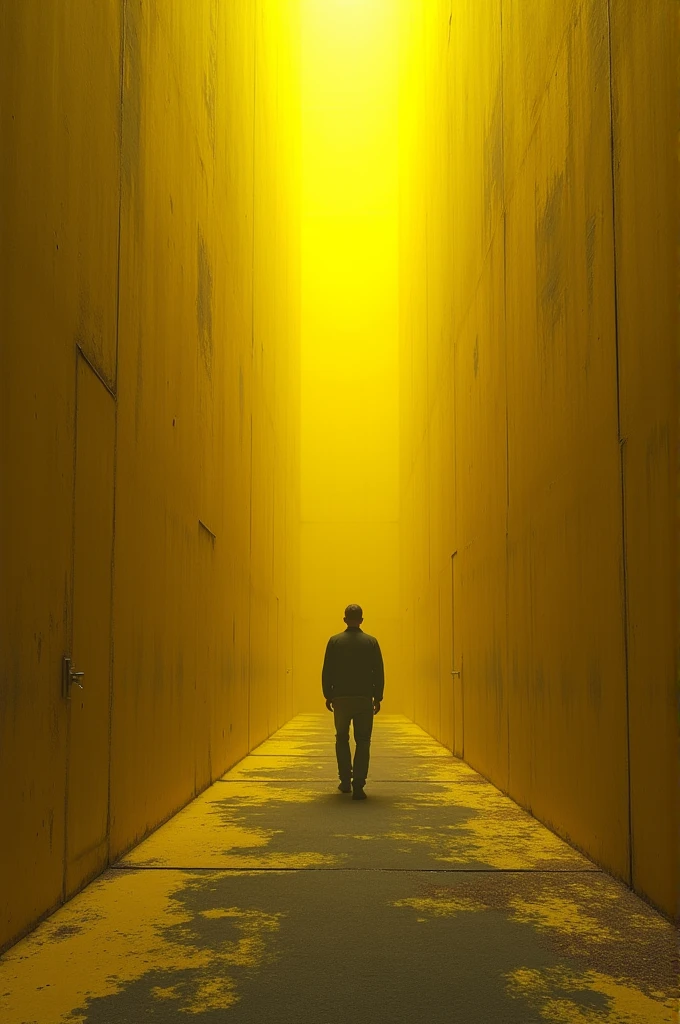 A guy in endless yellow corridors with mazes, with the moldy and wet carpet