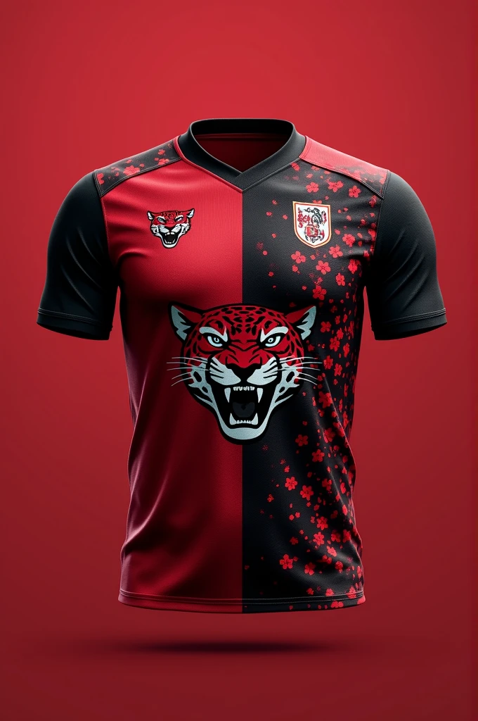 Team jersey front and back, with a jaguar drawn on the ribs on a red and black background, com olhos castanhos
