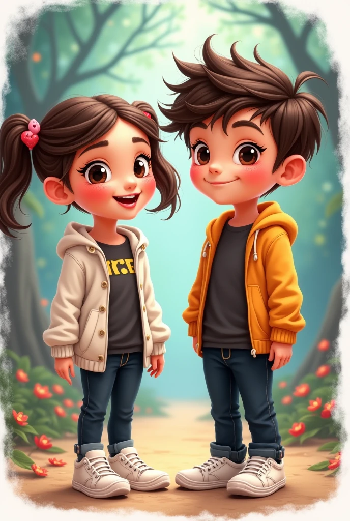 Create a Disney style girl and boy, with an open lead-colored sweater and a black t-shirt inside, black pants, White tennis, everything for both