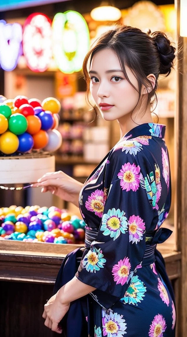 Dark brown hair、Light brown eyes、Japanese actress、 Lady、I am about 40 years old..、(Intricate details:1.2)、(Which is higher???:1.4)、 (超High resolution:1.2)、超High resolution、(Fine-tune)、(Detailed faceの特徴)、Hmph、8k resolution、D cup size breasts、Long Hair、Hue、night、,Full body photo、masterpiece, (One beautiful person), Detailed eyes, Highest quality, 超High resolution, (reality、festival、Opening a store、candy stall、night、walk: 1.4), Original photo, One Girl, Cinema Lighting, standing、 Asian Beauty, Beautiful skins, (超reality的な), (High resolution), (8k yen), (Very detailed),(Ultra-detailed), Detailed face, Fireworks display、Opening a store、yukata、Put your hair up、Japanese clothing、Hairpin、night、Yukata、Japanese Yukata、