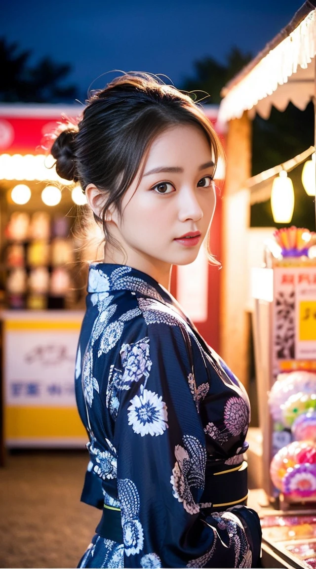 Dark brown hair、Light brown eyes、Japanese actress、 Lady、I am about 40 years old..、(Intricate details:1.2)、(Which is higher???:1.4)、 (超High resolution:1.2)、超High resolution、(Fine-tune)、(Detailed faceの特徴)、Hmph、8k resolution、D cup size breasts、Long Hair、Hue、night、,Full body photo、masterpiece, (One beautiful person), Detailed eyes, Highest quality, 超High resolution, (reality、festival、Opening a store、candy stall、night、walk: 1.4), Original photo, One Girl, Cinema Lighting, standing、 Asian Beauty, Beautiful skins, (超reality的な), (High resolution), (8k yen), (Very detailed),(Ultra-detailed), Detailed face, Fireworks display、Opening a store、yukata、Put your hair up、Japanese clothing、Hairpin、night、Yukata、Japanese Yukata、