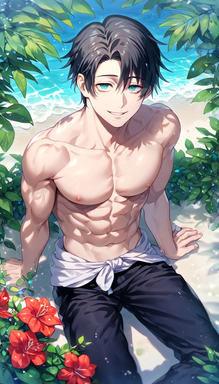 absurdres, highres, ultra detailed, HDR, master piece, Okkotsu Yuuta, black hair, expressive dark blue eyes, without shirt, Jujutsu Kaisen, toned chest, bare chest, sexy man sitting, handsome, best quality, beach, fantasy, magical, solo, water, sensual, horny, green leaves, flowers, manly man, close up, handsome smile