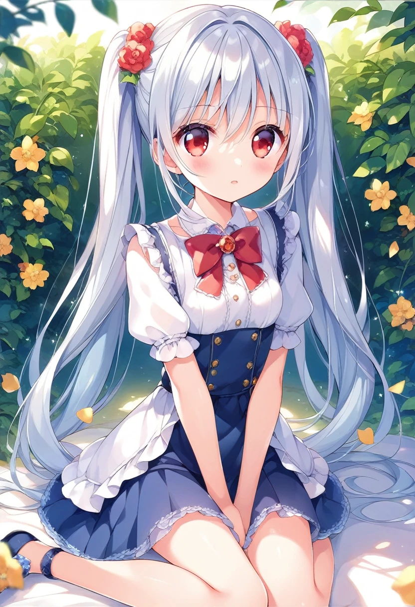 A cheerful and kind girl with long white hair in twin tails、Red eyes、A somewhat childish female junior high school student、Small breasts、、flustered、sitting sidewaysアニメの, Enchanting anime girl, anime style, Best anime girl, Small curvaceous, rei hiroe,  style, Anime Moe Art Style, Cute anime visuals, Beautiful attractive anime teen