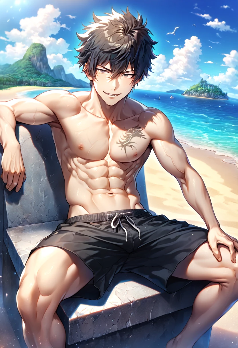 absurdres, highres, ultra detailed, HDR, master piece, best quality, extremely detailed, Kougami Shinya, black hair, expressive gray eyes, Psycho Pass, solo, sexy man sitting, handsome, handsome smile, sensual, black shorts, manly man, bare chest, horny, island, sea, beach