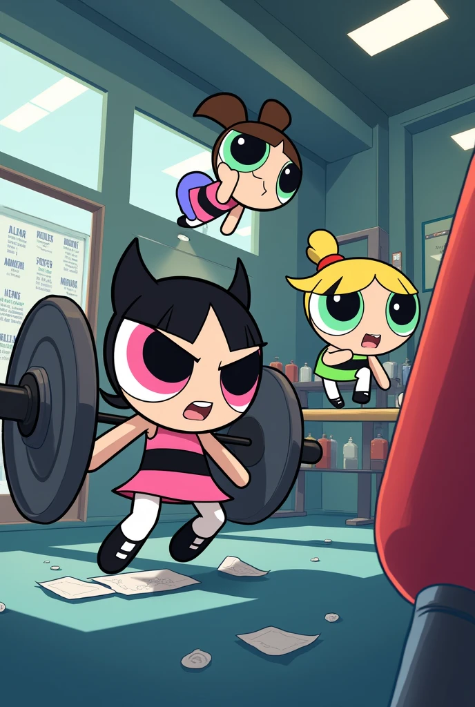 Create the Powerpuff Girls Blossom, Bubbles, and Buttercup in the gym training, making it very clear they are at the gym. I only want the 3 characters, it is mandatory.