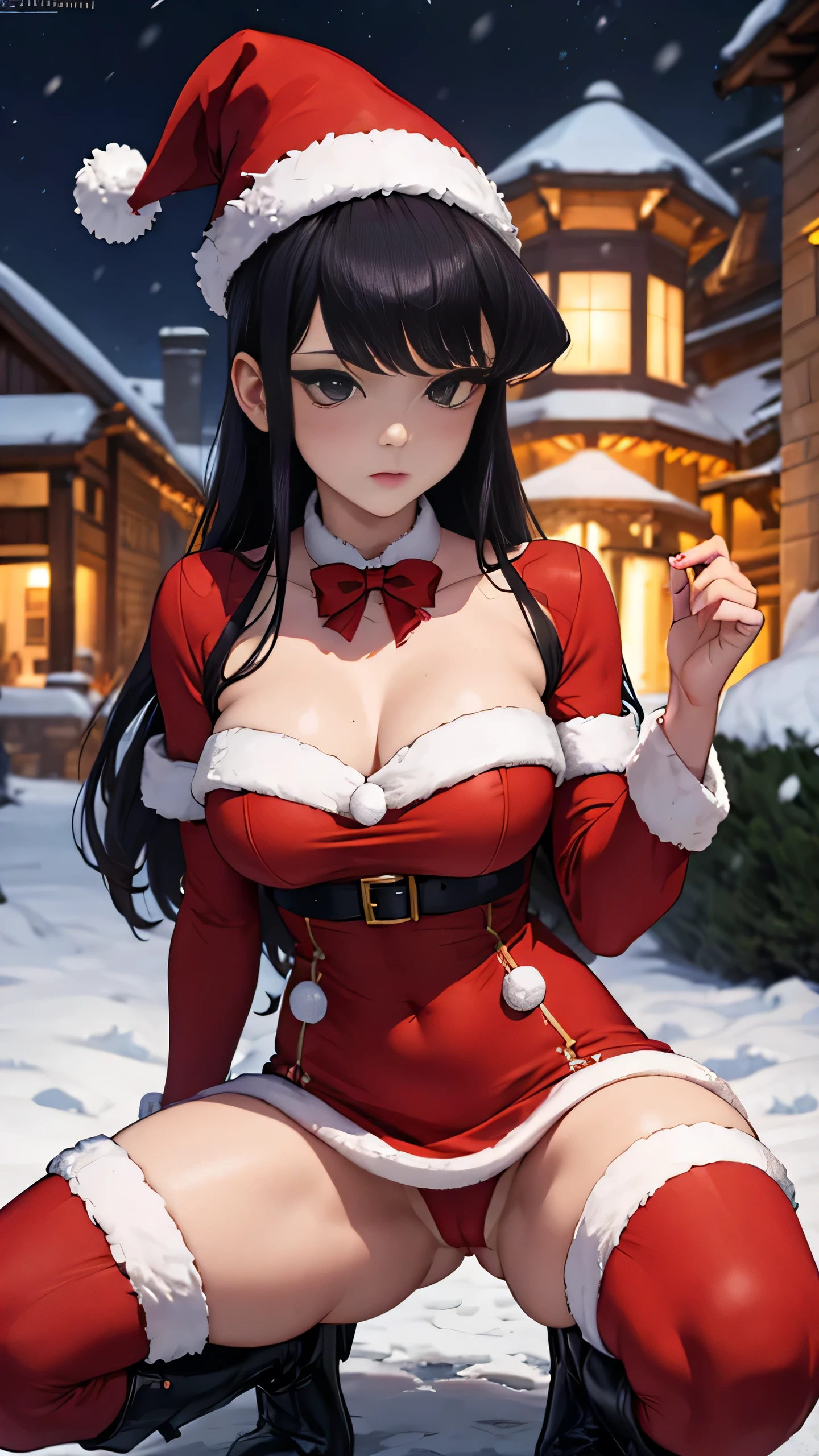 NFSW, Komi Shouko wearing a Mini Skirt and Boots, sitting, squat, Spread your legs, Cowgirl, squat, Spread your legs, cowgirl position, showing her , pantied to the side, legs open, large breasts, shor breasts, embarrassiking to the camera, (Red christmas costume), (santa claus hat), snow town with Christmas decorations, snowfall (night scene:1.2), HDR, ultra resolution , very detailed, masterpiece, ultra quality, 4K HD