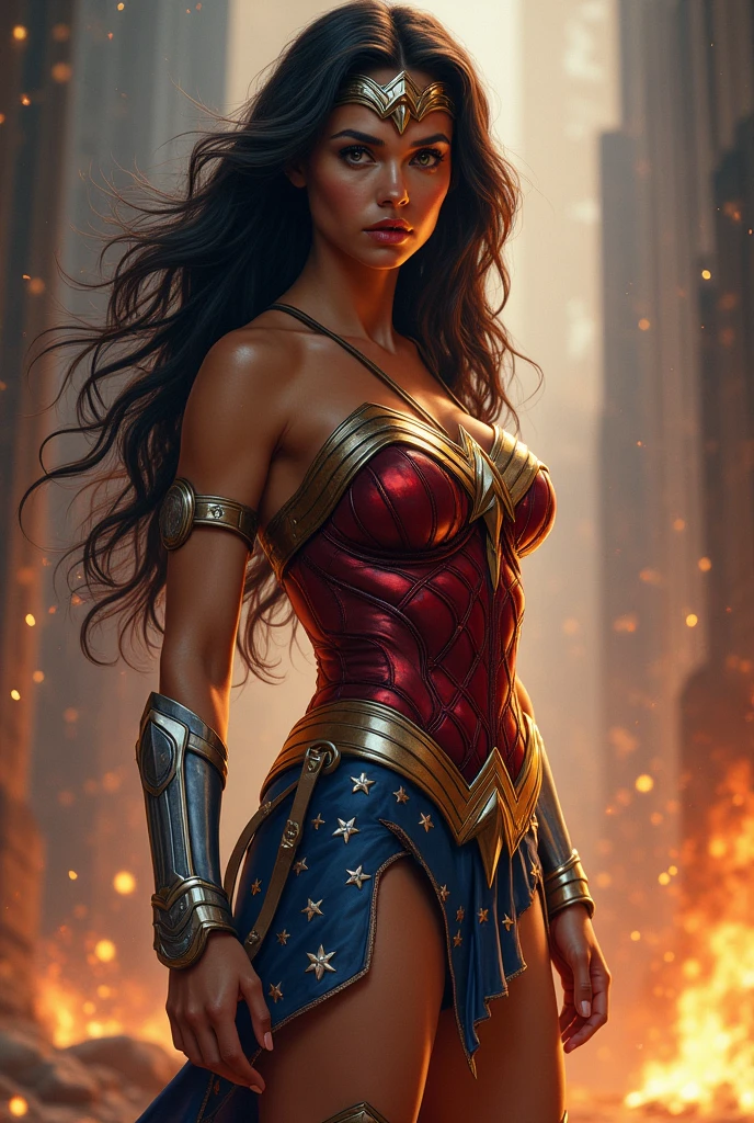 Adriana Lima under the mantle of the Amazon warrior Wonder Woman long black hair (((I wore a red corset and navy blue leggings with stars))),(((Red boots))) Wonder Woman diaema on her forehead Justice League DC Universe