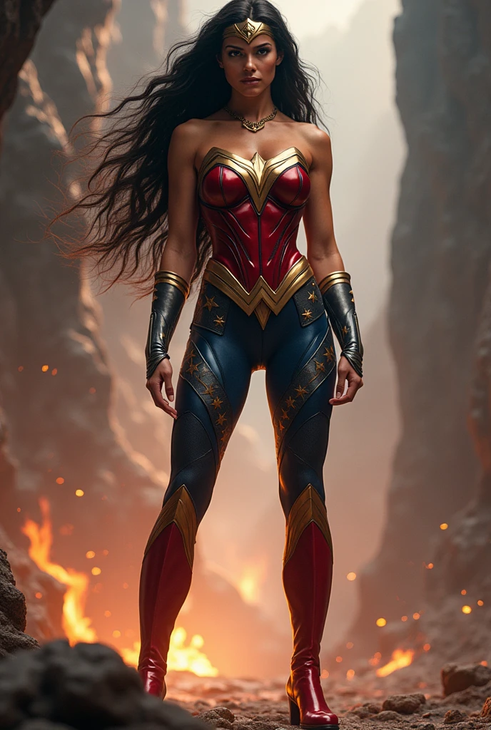Adriana Lima under the mantle of the Amazon warrior Wonder Woman long black hair (((I wore a red corset and navy blue leggings with stars))),(((Red boots))) Wonder Woman diaema on her forehead Justice League DC Universe