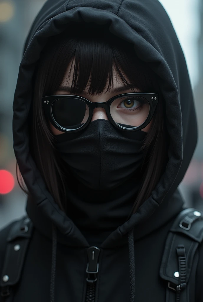 A brunette wearing glasses with an eyepatch over her left eye, dressed in black with a mask and bangs.