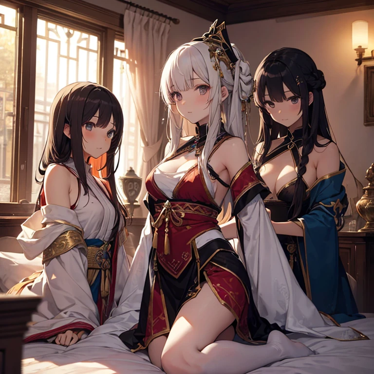 A group of  priestess, (in bedroom), various hair styles, harem, night, details face, seducing, ceremonial outfit, multiple girls, exposed shoulders 