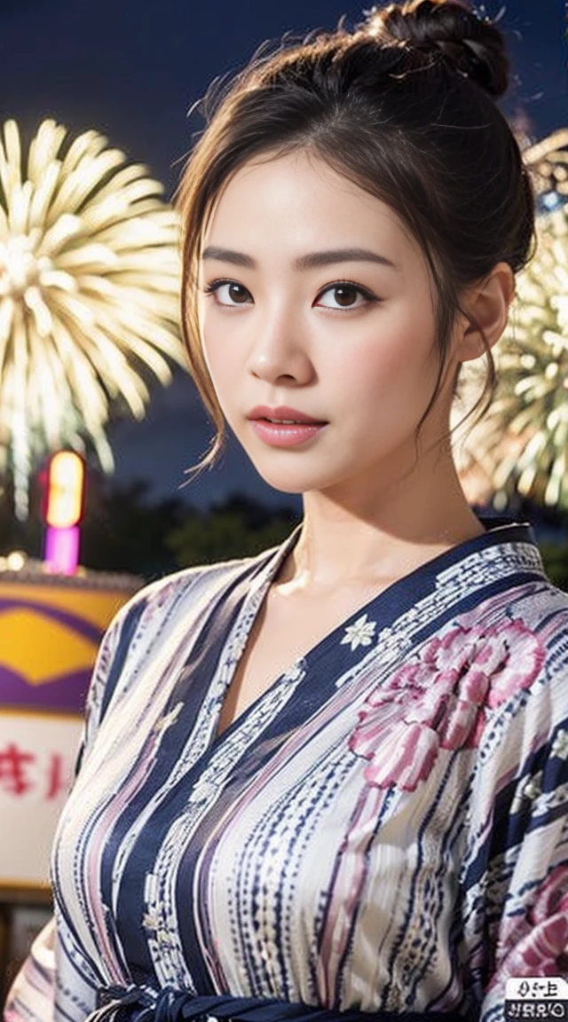 Dark brown hair、Light brown eyes、Japanese actress、 Lady、I am about 40 years old..、(Intricate details:1.2)、(Which is higher???:1.4)、 (超High resolution:1.2)、超High resolution、(Fine-tune)、(Detailed faceの特徴)、Hmph、8k resolution、D cup size breasts、Long Hair、Hue、night、,Full body photo、masterpiece, (One beautiful person), Detailed eyes, Highest quality, 超High resolution, (reality、Fireworks display、Opening a store、candy stall、night、walk: 1.4), Original photo, One Girl, Cinema Lighting, Japanese,standing、 Asian Beauty, Beautiful skins, (超reality的な), (High resolution), (8k yen), (Very detailed),(Ultra-detailed), Detailed face, Fireworks display、Opening a store、yukata、Put your hair up、Japanese clothing、Hairpin、night、Wear a yukata、Japanese clothing、Summer in Japan、