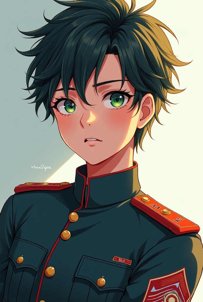 23-year-old guy with short hair and green eyes wearing a military uniform and a tattoo that says BA2 in anime style, more animated.