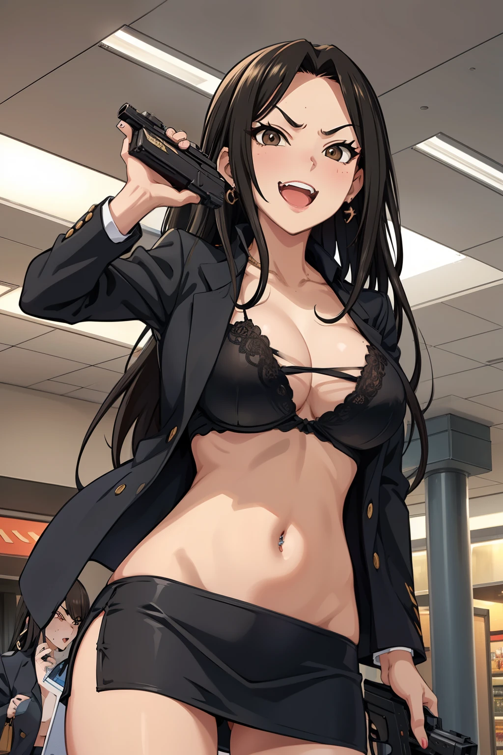 takumi, 1girl, black hair, long hair, brown eyes, large breasts, solo, mall, shopping center,indoors, blush, lipstick, jewelry, earrings, Hot girl, baddie, mean girl, sensual, attractive, masterpiece, best quality, highly detailed, a girls with a gun, open mouth, blazer, sexy gaze, (nsfw) not
safe for work, badass pose , evil smile, smile, black bra, anime girl with long hair, long haired girl,
navel, evil expression, exposed belly, exposed navel, exposed midriff, exposed lower belly, micro
miniskirt, micro pencil skirt, pencil skirt ,holding a gun, navel piercing