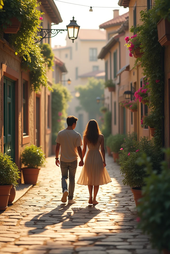 Couple walks on a stony path during the day in a town 