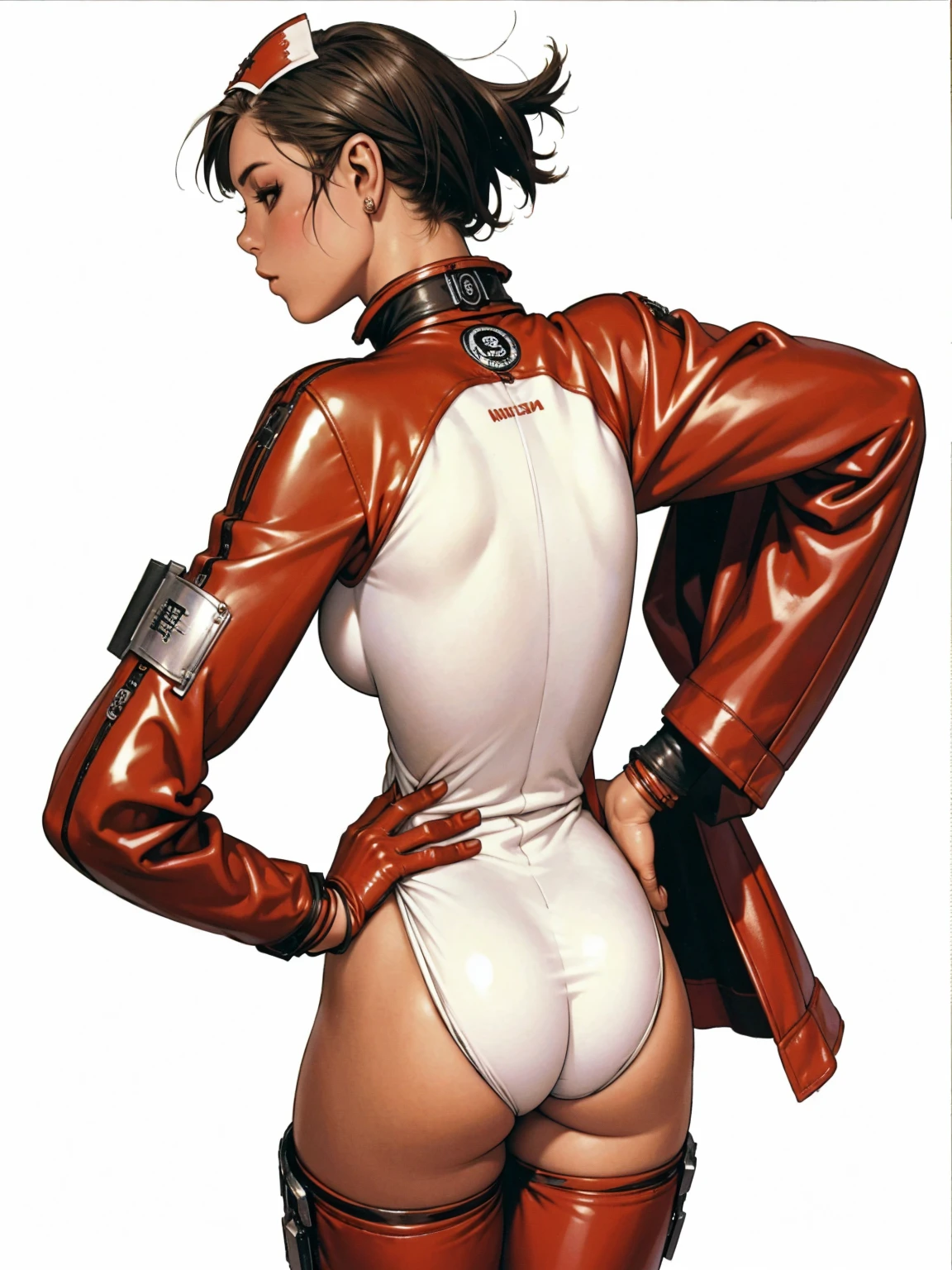 (((back view))), (((perfect ass))), (best qualityer))), (((manga strokes))), (((short arms))), ((( red latex nurse suit ))), (((bandaged arms))), ((high collar)), (((Black clothes with red details))), (((best qualityer: 1.4))), (Unbeatable masterpiece), (hiper HD),(CG 8k hyper-realistic), (((brave face))), (((breasts big))), (((hyper feminine))), sexly girl, Tron,（black bob hair)), ((( sculptural body ))), (((1 Kizi))), Kizi cibernética de 25 anos com perfectbody,,Beautiful and well-groomed face,muscular body:1.2,solid color detailed jacket, (Head to thigh photos)， Complex equipment, green dark，Long pants，Tight clothes are dark，With white stars and off-white stripes,,,,,Armor Metal Electronic Parts, Poison tattoos ) INFO, Kizi, (((standing alone))), pirralha violent, ((())), sexly, pose de atitude, work of art, post-apocalypse, (((manga style))), bounty hunter, violent, Manic, the way you want, slenderbody, thin but strong, perfectbody, roupa moderna, advanced technology, neon, sleeves with vertical striped pattern, neutral background, (( cowboy shot )). intricate visual