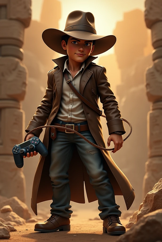 Logo Sulicate dressed as Indiana Jones with a Playstation controller