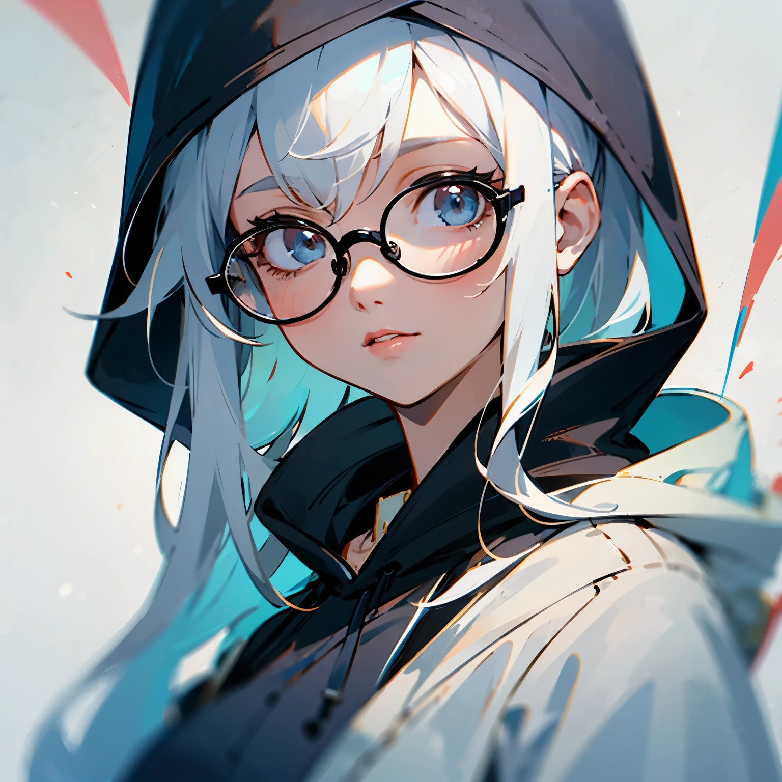 ((best quality)), ((masterpiece)), (detailed), 1girl, white hair, glasses, black hoodie