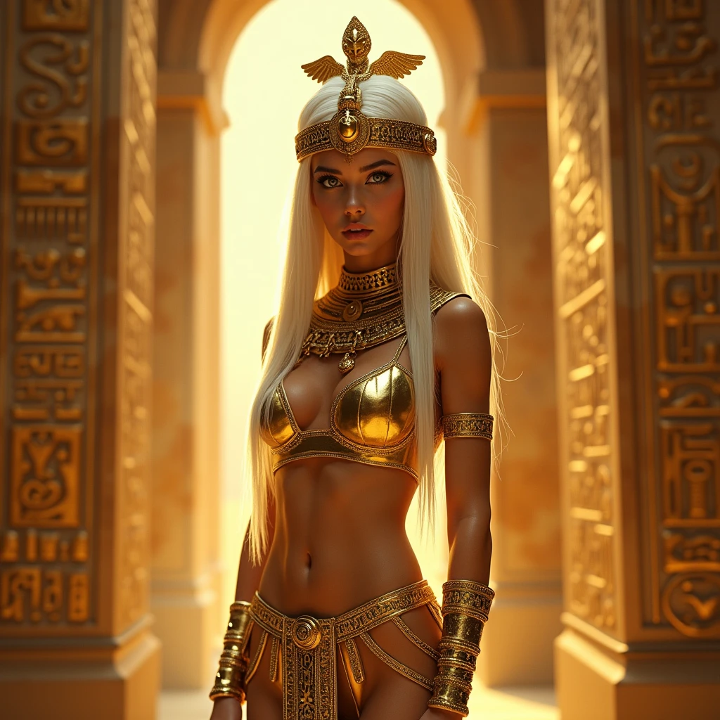 A girl with long white hair wearing a Pharaoh's outfit all in gold,She will be posing inside the pyramid,I want hieroglyphics on the walls and her to be beautiful and very realistic,I want her to be very sexy,I want that pharaoh thing on her chin and the snake crown too,I want everything to be gold