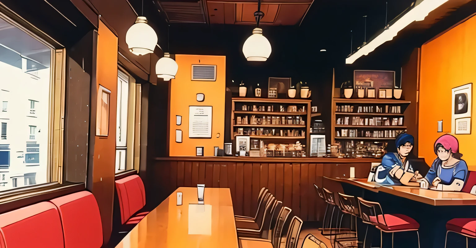 sleeved, illustration,Farbe,A coffee shop with no people, 1980s \(style\) , Super Pop Art, Many colors,