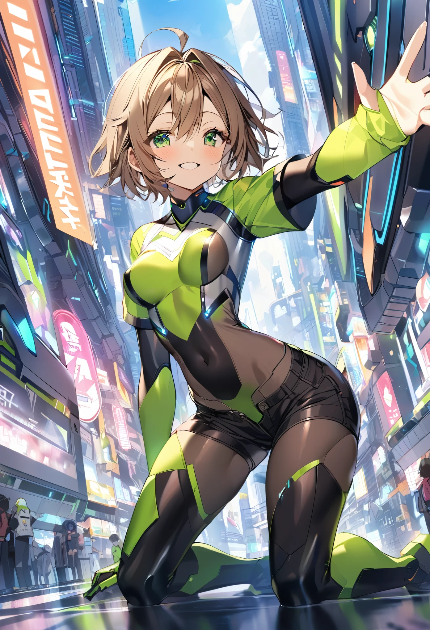 aile_megamanzx, kneeling with one hand on the ground and the other arm raised, 1girl, solo, short hair, brown hair, short sleeves, (bodysuit), robot ears, green eyes, (very_short_shorts:1.3), short sleeves, short over long sleeves, smile, in futuristic city, , high quality, medium_breasts,crotch, slouch,groin,dynamic_angle