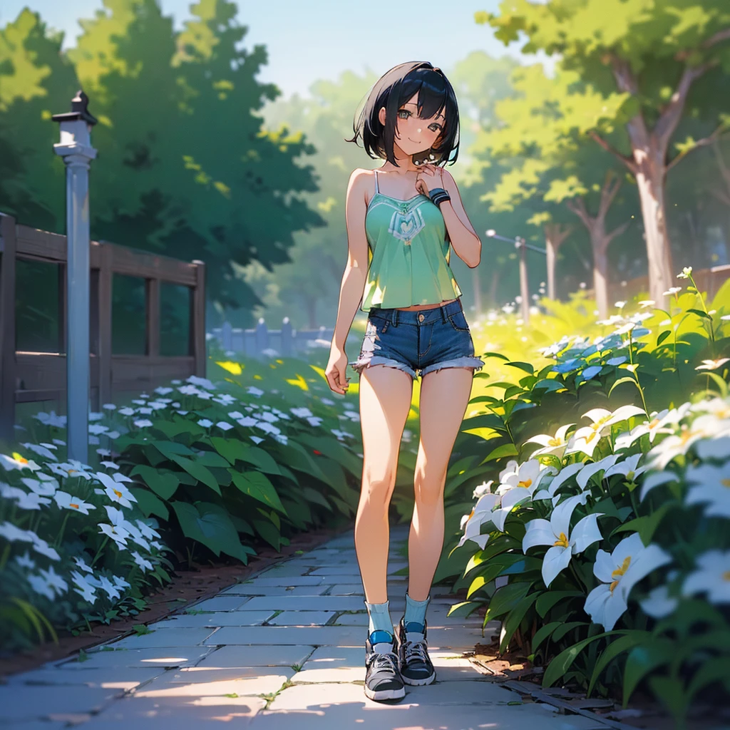 (high quality, High resolution, Very detailed, reality:1.37), Peaceful atmosphere, (Outdoor, garden), age girl standing alone, (my breasts are big.), Beautiful details, Cute Smile, (Black bob hair), camisole, denim shorts, Blue socks, sneakers.