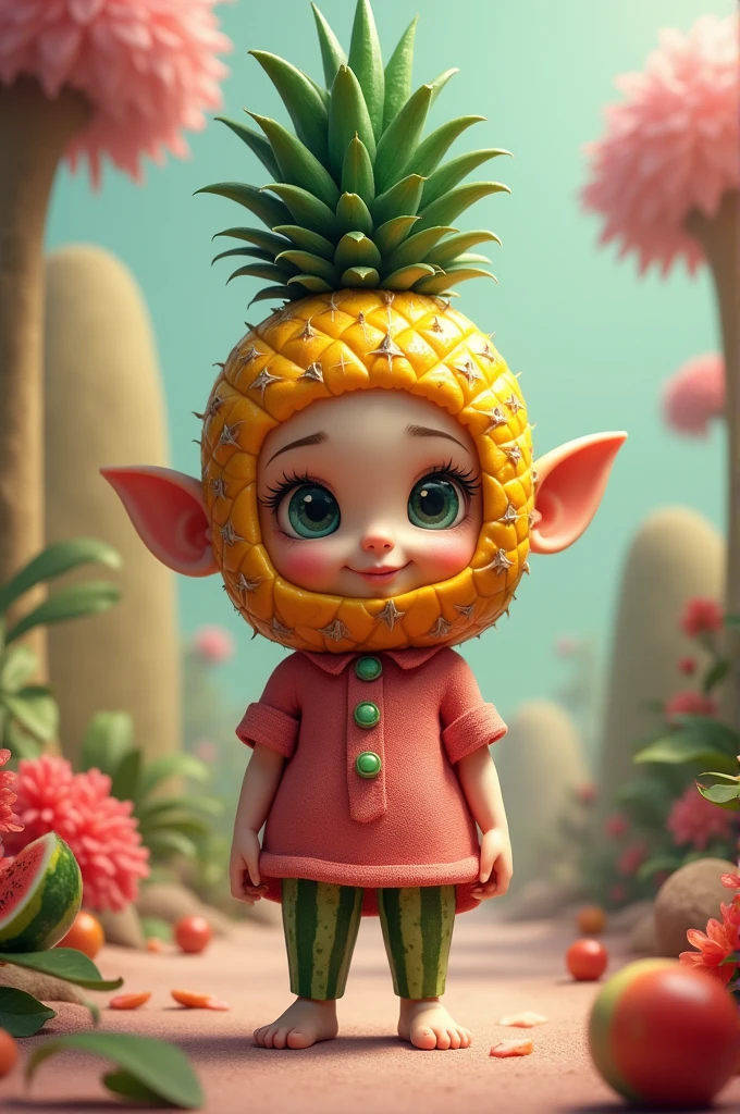 Dwarf girl with pineapple head and watermelon legs