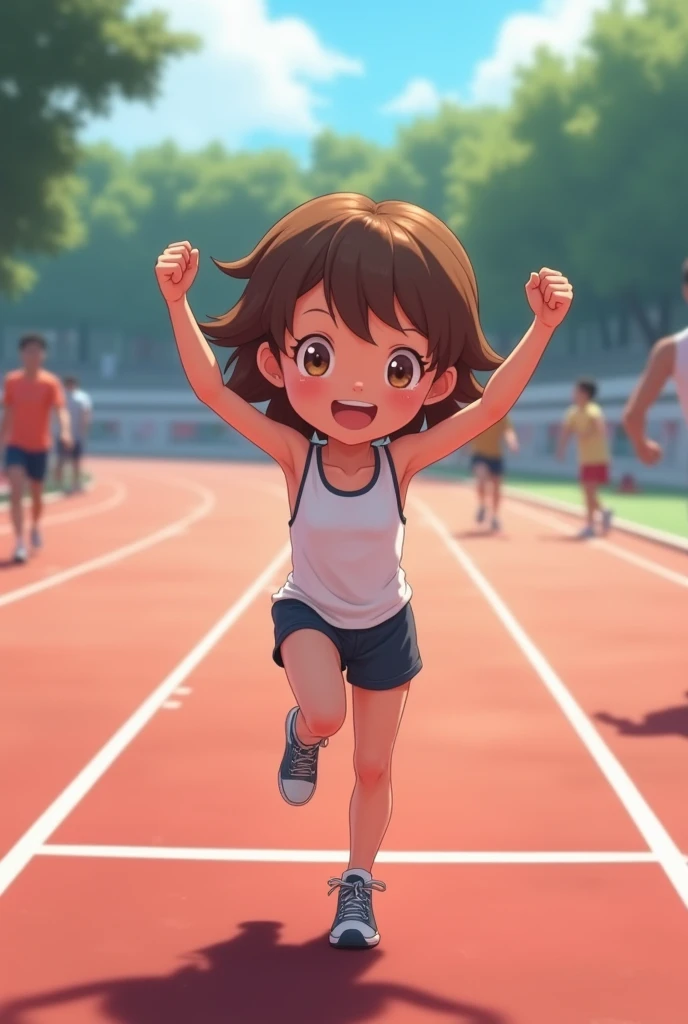  winning track and field race, small brown hair, white color, smiling and happy, winning the race at the finish line 
