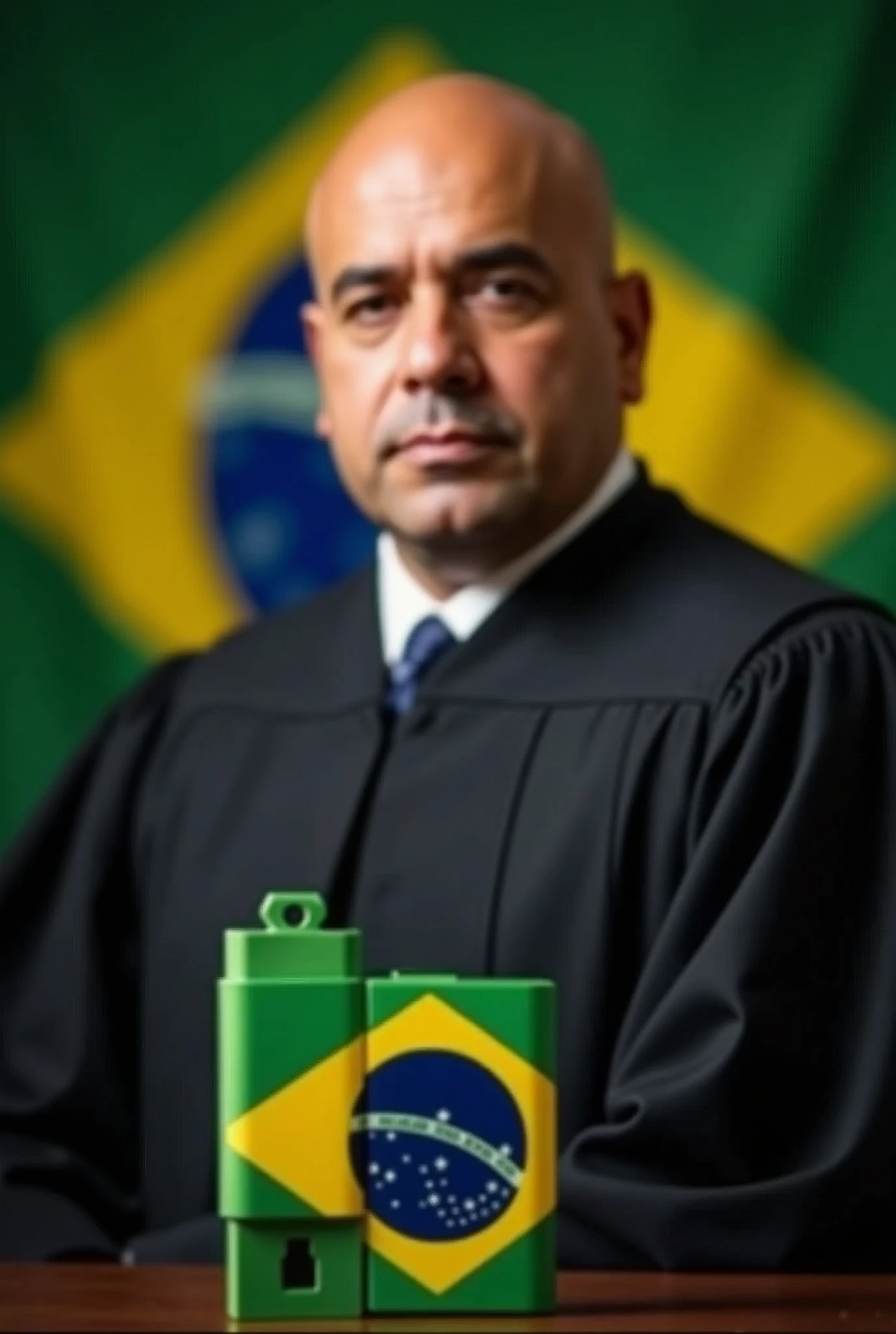 Photo of Minister Alexandre de Moraes in a black robe,  egg-shaped head

, Brazil&#39;s flag,   a large green and yellow pen drive , 6 Gigas 