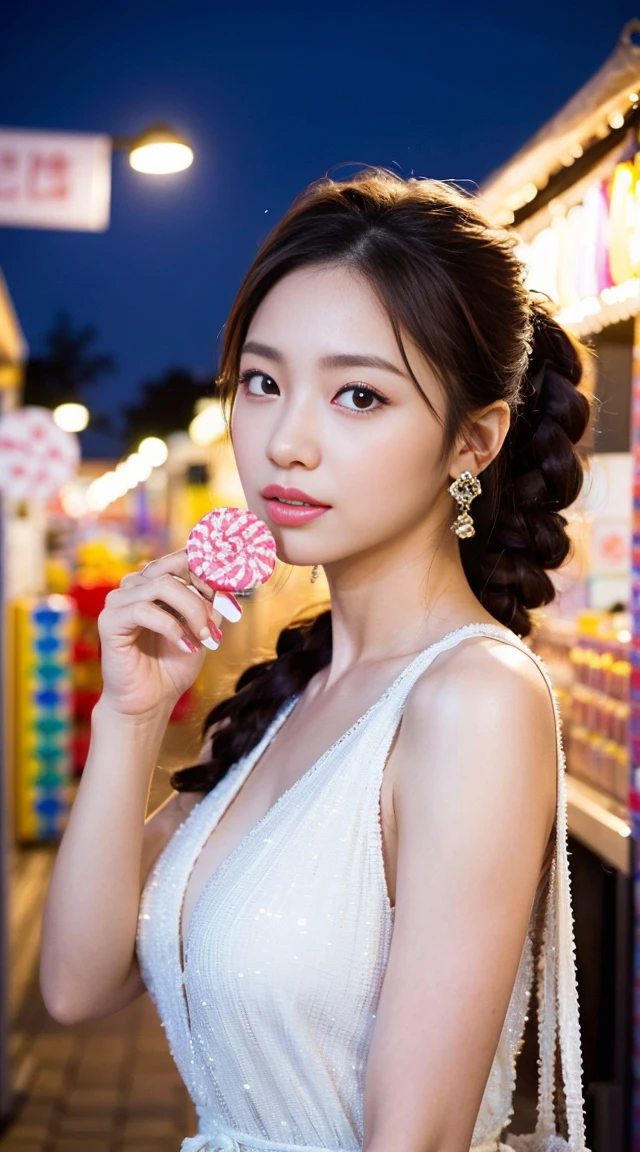 Dark brown hair、Light brown eyes、Japanese actress、 Lady、I am about 40 years old..、(Intricate details:1.2)、(Which is higher???:1.4)、 (超High resolution:1.2)、超High resolution、(Fine-tune)、(Detailed faceの特徴)、Hmph、8k resolution、D cup size breasts、Long Hair、Hue、night、,Full body photo、masterpiece, (One beautiful person), Detailed eyes, Highest quality, 超High resolution, (reality、festival、Opening a store、candy stall、night、walk: 1.4), Original photo, One Girl, Cinema Lighting, Japanese,standing、 Asian Beauty,  Beautiful skins, (超reality的な), (High resolution), (8k yen), (Very detailed),(Ultra-detailed), Detailed face, Opening a store、Put your hair up、one piece、night、Summer in Japan、