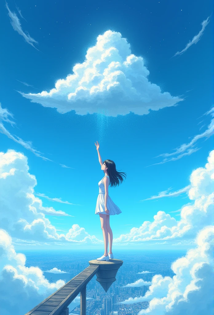 Above is a blue sky enveloped in white clouds, Below are the city lights, And stands on the celestial body connecting heaven and earth. Raise one hand, She tries to touch the clouds. A style reminiscent of Japanese manga, In 8K