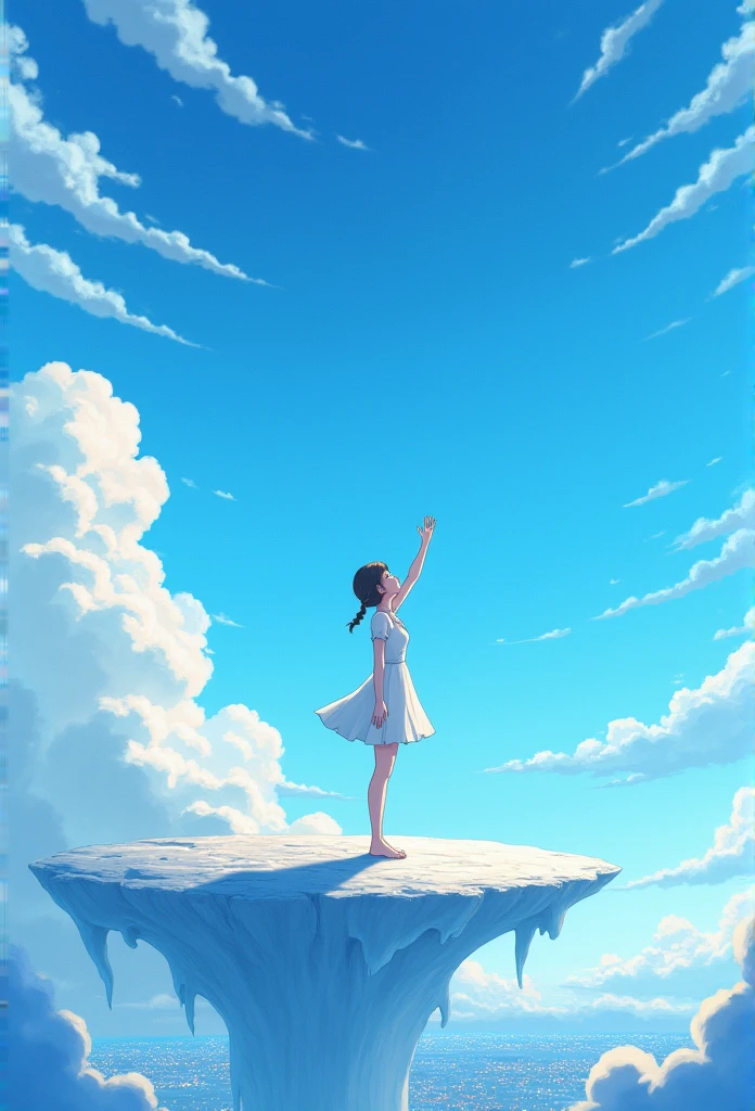 Above is a blue sky enveloped in white clouds, Below are the city lights, And stands on the celestial body connecting heaven and earth. Raise one hand, She tries to touch the clouds. A style reminiscent of Japanese manga, In 8K