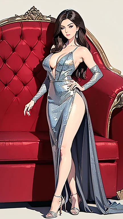 ((best quality,4k,highres,masterpiece:1.2)),((character concept art)), 1 female, Spanish, age 29, (((tan skin color, dark brunette hair))), and the body of a seductive flamenco dancer (busty, slim fit curvaceous body). She is ((wearing a sparkling silver flamenco-inspired dress with a fitted bodice, plunging neckline, cinched waist, and a voluminous skirt)). The dress is made from luxurious satin, embroidered with delicate lace, adorned with Swarovski crystals, and completed with a long, dramatic train. The back dips down to a low V, adding allure, and a high leg slit enhances the overall sensuality of the ensemble. She pairs the dress with Christian Louboutin high heels. Her gaze is intense and alluring, reflecting her captivating personality and intriguing background, (standing gracefully), (full body showcase), (show full body), (no logos on background), (no logo), ((plain background)), ((plain background)), (((empty background))).
