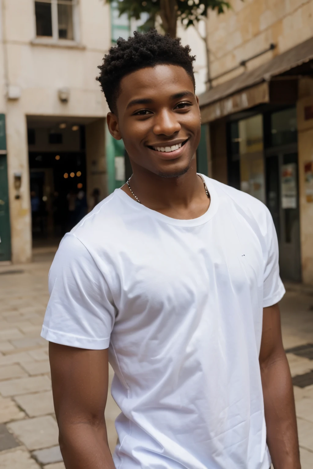 ((super realistico)) African male model 25 years old smiling at the camera. Wearing a simple white t-shirt. Photo taken in a city with a blurred background