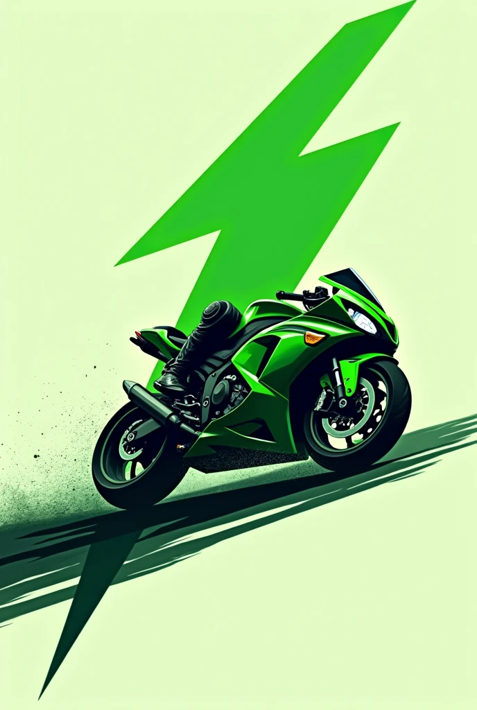 a thematic logo the silhouette of a green lightning bolt that is shaped like a Kawasaki Ninja 300 displacement motorcycle, falling on the track, The bike is in profile and under the surface it says "Green ray" "You don&#39;t need wings to fly", The logo is a cartoon and