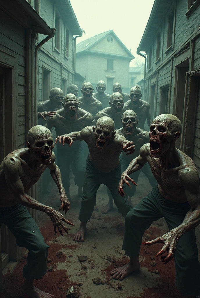 A horde of zombies invading a house 