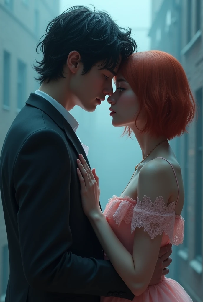 Create a couple of lovers with dark vibes and fading blues looking at each other, The girl is light brown with short straight red hair wearing a pink dress with lace and the boy is handsome white with black wavy hair with sad eyes and a black suit.