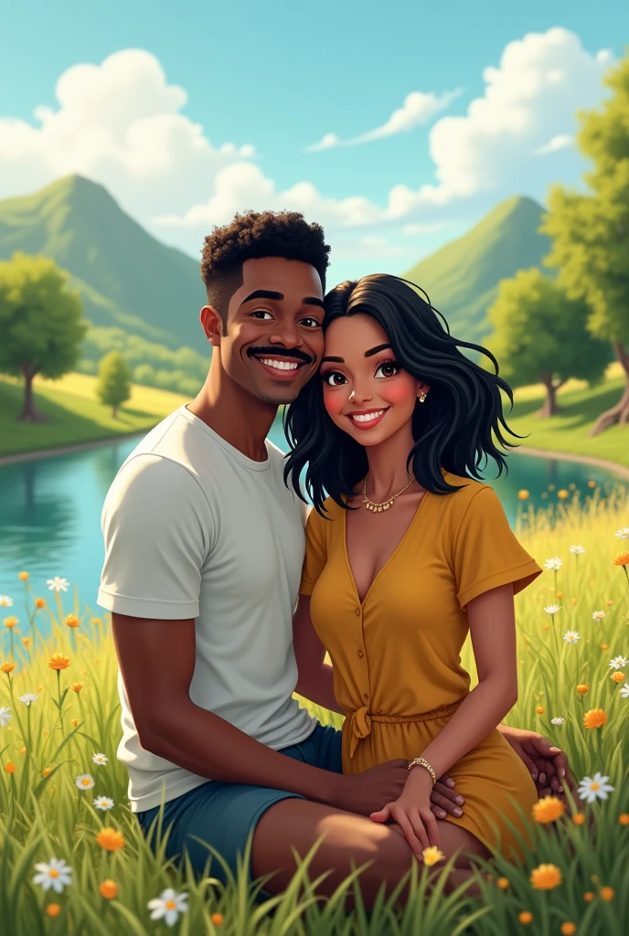 couple, handsome dark-skinned man, 34 years, with a mustache, low curly hair, toned body, white woman with black shoulder-length hair, full cheek apple, pretty, age 25, eye large,both happy in a beautiful place