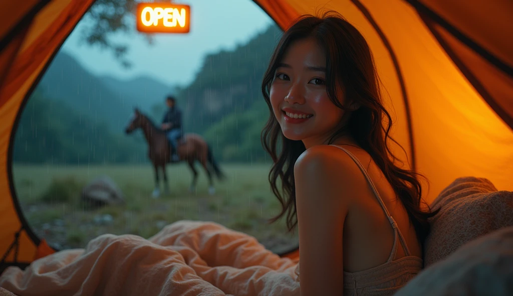 1 woman, Korea people, Beautiful black hair, honey colored hair,((upper body selfie, happy)), Shooting in a tent, shot from side, wearing a lingerie, gigantic breast, beautiful backlight, Tent Open Sign,masterpiece, best quality, overly detailed, alone, Exterior, (night), mountain, nature, (heavy rain) cheerful, satisfied,, Lie comfortably in sleeping, (Close eyes), inside the tent, When I open the tent, You can see pretty riders outside.., forests, rock formation, descent, forest, performance, Shady, contrast, clear sky, analog style (look up at the viewer:1.2) (skin texture) (film grain: 1.3), (Warm shade, warm tone:1.2), enlargement, cinematic light, side lights, ultra high resolution, best shadow, ..raw, bust, wearing a pullover, Relaxed and intimate photos