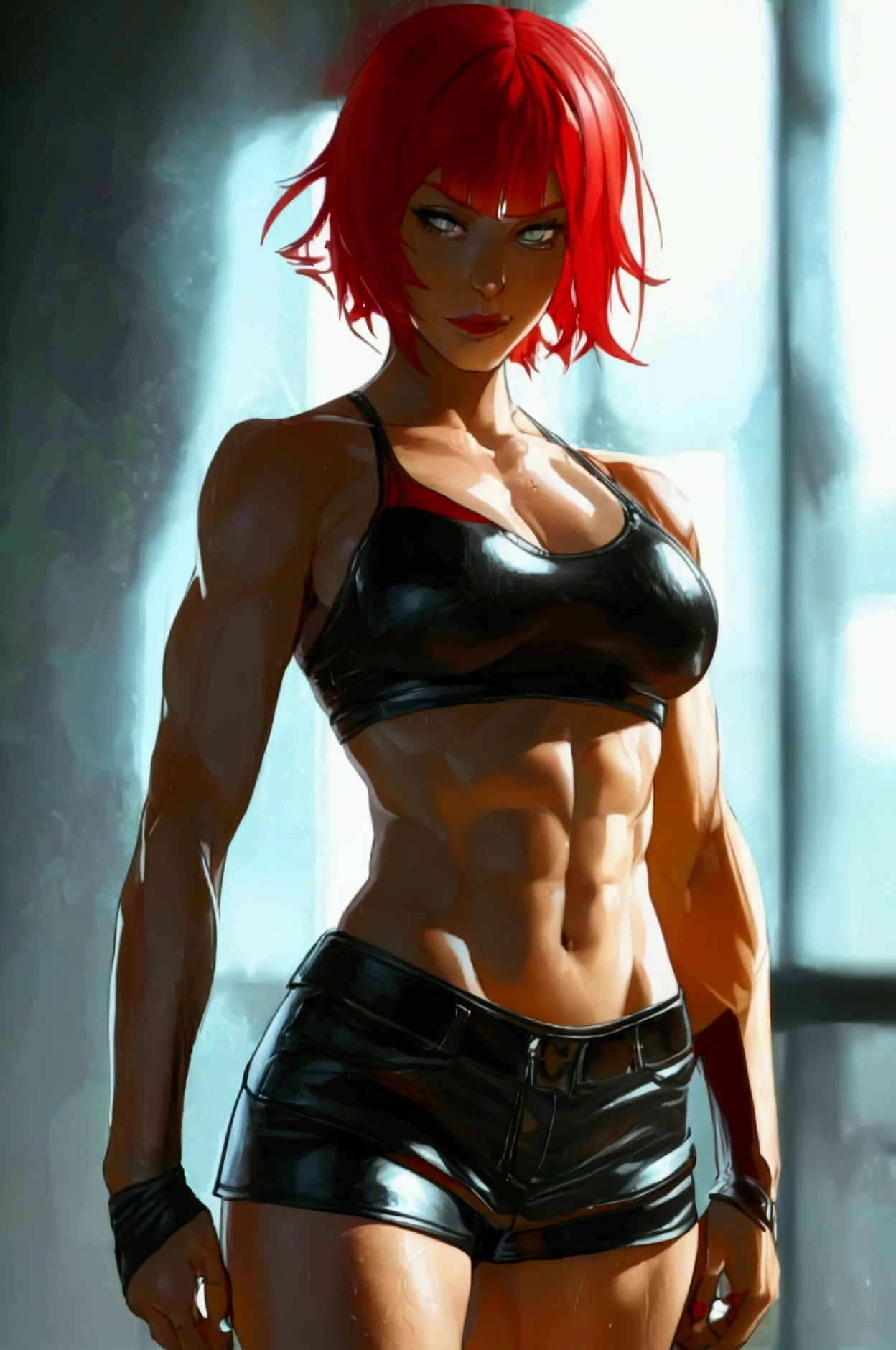 Marisa, 26 years old woman, 6'8" height, weight 269 pounds, short red hair, toned muscular body, sports bra, leather shorts and tights, small breasts, big biceps, big ass, realistic, masterpiece