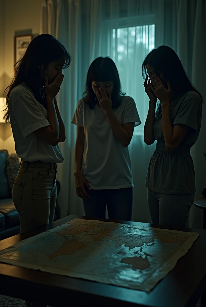two women and an oriental man with their hand on their face and head down talking in a living room at night, excited spirits, a tense atmosphere. One of the women doesn't seem to believe it, a map on the coffee table.