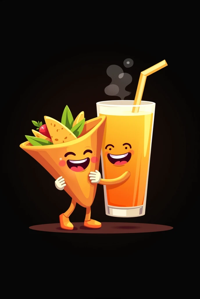 Animated logo of nachos, a Mexican food, smiling and hugging a smiling animated orange drink with the black background