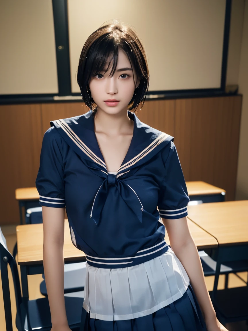 (masterpiece:1.2), Very detailed, Ultra-high resolution, (Realistic, photo Realistic:1.6), High-resolution RAW color photos, Professional photos, Sharp focus:1.2, (Very detailed顔と肌の質感, Very beautiful eyes, Glossのある肌, Glowing Skin, Glowing Skin, Shining Face, Gloss, Oily skin, greasy face, Oily skin, greasy face,),, (real Glossのある肌 texture), Perfect Anatomy, Very detailed背景,(High school classroom at night),25-year-old woman, Japanese women,Height: 168cm,(short hair, Straight hair, bangs, Brown Hair),((Flat Chest:1.6)),(Slender legs), ((((White short-sleeved sailor suit、Navy blue pleated skirt:1.5)))、(((Wet and sheer sailor suit:1.4))),((Sexy bra in sailor suit:1.5))