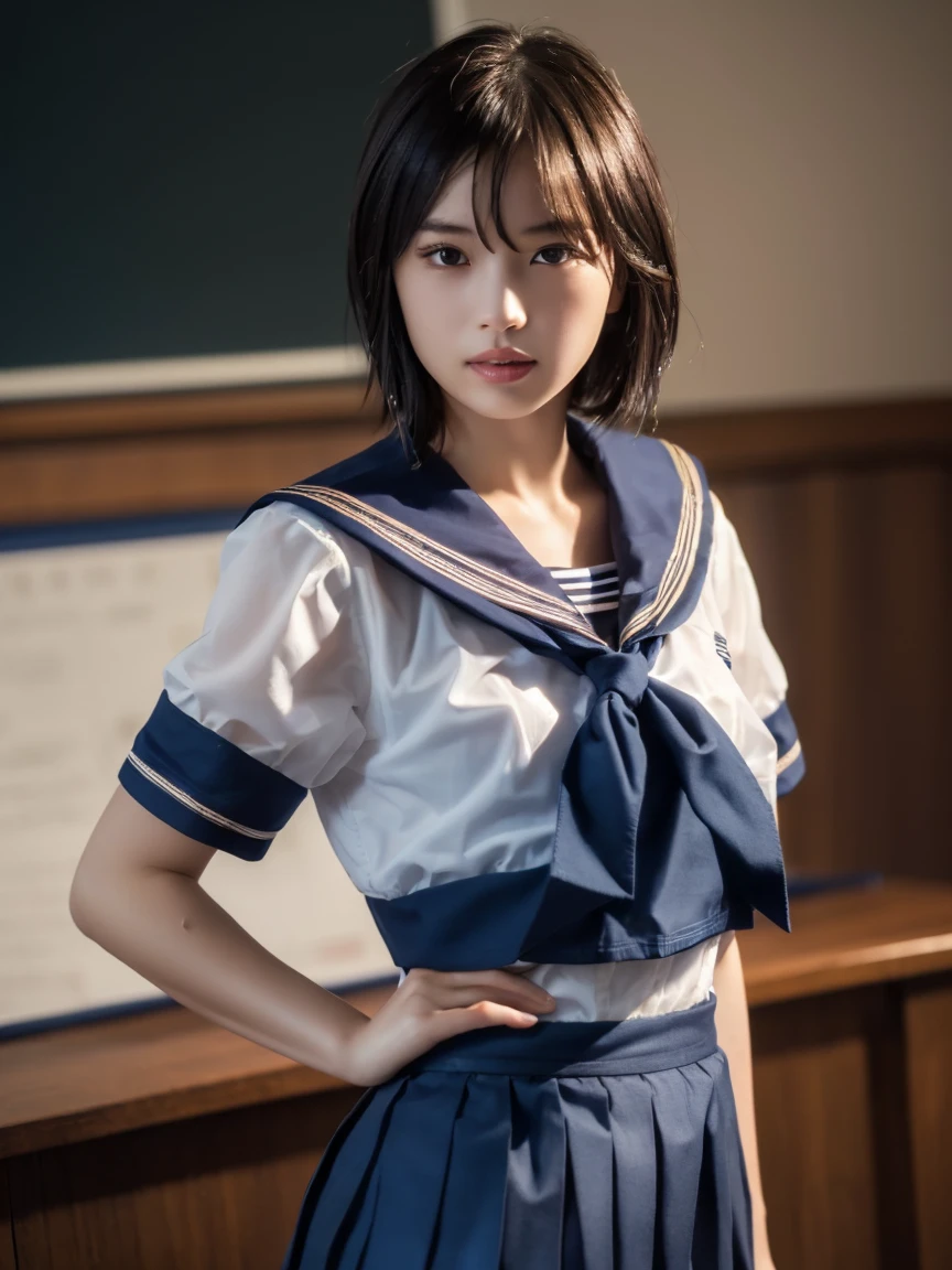 (masterpiece:1.2), Very detailed, Ultra-high resolution, (Realistic, photo Realistic:1.6), High-resolution RAW color photos, Professional photos, Sharp focus:1.2, (Very detailed顔と肌の質感, Very beautiful eyes, Glossのある肌, Glowing Skin, Glowing Skin, Shining Face, Gloss, Oily skin, greasy face, Oily skin, greasy face,),, (real Glossのある肌 texture), Perfect ???????, Very detailed背景,(High school classroom at night),25-year-old woman, Japanese women,Height: 168cm,(short hair, Straight hair, bangs, Brown Hair),((Flat Chest:1.6)),(Slender legs), ((((White short-sleeved sailor suit、Navy blue pleated skirt:1.5)))、(((Wet and sheer sailor suit:1.4))),((Sexy bra in sailor suit:1.5))