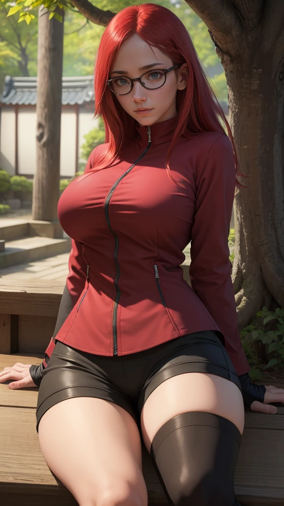 (masterpiece:1.2, best quality:1.2, beautiful, high quality, highres:1.1), detailed, extremely detailed 4K, perfect eyes, perfect face, perfect lighting, (1girl, solo, adult female, mature female), thin, lithe body, 
karin, long red hair, red eyes, glasses, (big breasts), sitting
(red shirt), black bike shorts, black stockings, combat gloves, red ey color, cute looking, embarrassed 
(outside, trees, japanese village background:1.2), closed clothes, closed zipper shirt, ((((sensual seductive, busty)))),  high quality, 