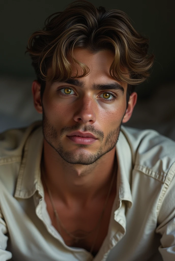 Photorealism of a young Caucasian man, with fibrous complexion, with sharp features, greenish-yellow tiger-eye eyes, semi-populated long eyebrows, straight nose with a high septum, small heart-shaped lips, sitting on a bed 